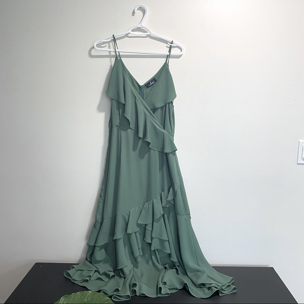 Lulus | Sage Ruffle Faux Wrap Midi Dress